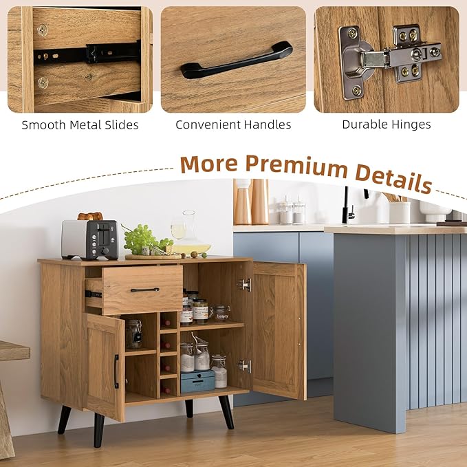 Buffet Cabinet with Storage, Liquor Cabinet w/ 6-Bottle Wine Rack, 1 Drawer & 2 Doors, Wood Buffets & Sideboards, Farmhouse Coffee Bar Table for Kitchen, Dining Living Room, Entryway (Natural)