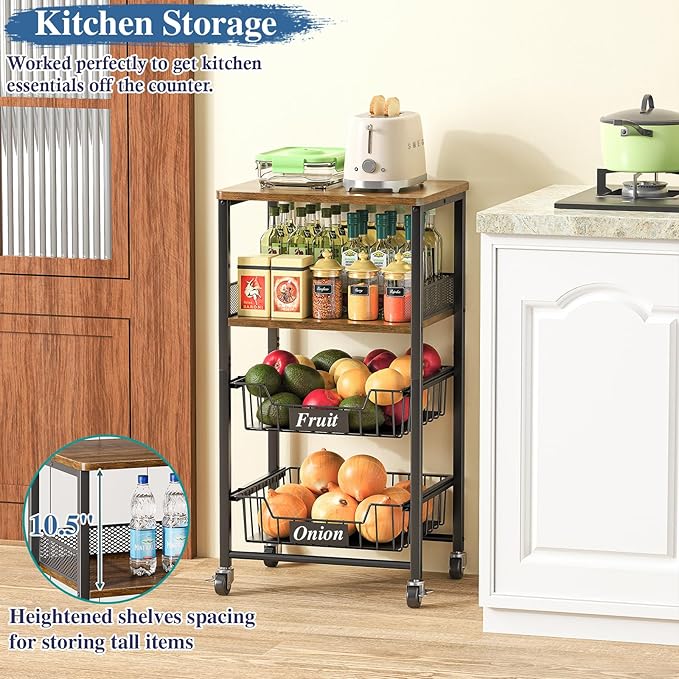 4 Tier Rolling Cart with Drawer Baskets, Metal Utility Storage Cart with Wheels and Wood Top for Living Room, Kitchen, Home Office, Bedroom, Pantry, Baby Essential, Makeup, Snack, Craft, Black