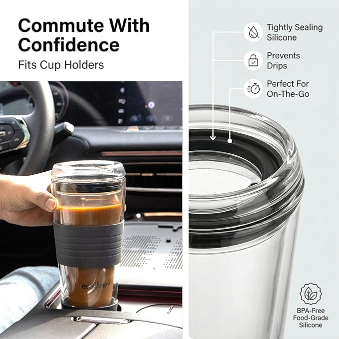 16oz Double Wall All Glass Tumbler with Lid, Glass Travel Mug, Dishwasher Safe & Microwavable Clear Coffee Tumbler To Go, Reusable Ceramic Cup with Lid, Black