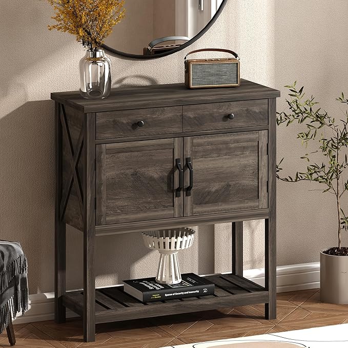 ChooChoo Farmhouse Console Table, Entryway Table with Storage Shelf, Coffee Bar Cabinet, Narrow Buffet Sideboard for Kitchen, Hallway, Living Room, Ash Gray