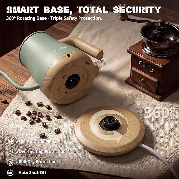 Electric Kettle, Electric Tea Kettle Stainless Steel, Gooseneck Electric Kettle, 1000W Hot Water Kettle Electric Auto Shut Off, 0.8L, Wood-like Grain Finish Handle, Light Green