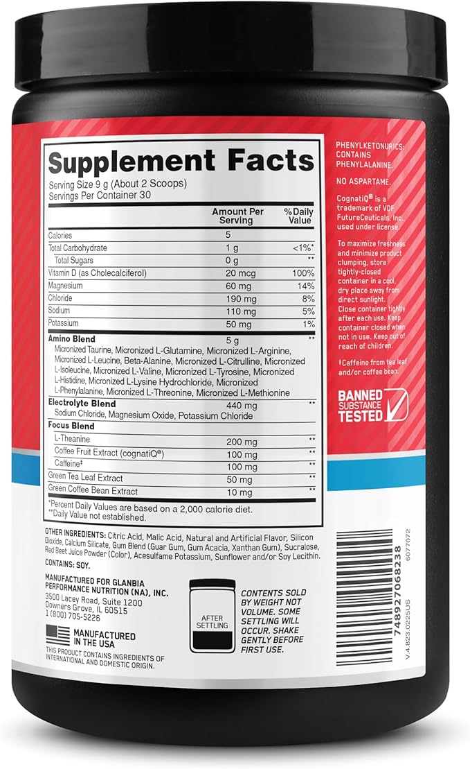 Optimum Nutrition Amino Energy Powder Plus Focus, with BCAA, Electrolytes, and Caffeine, Juicy Strawberry, 30 Servings (Packaging May Vary)