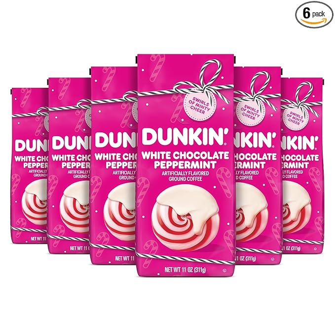 Dunkin’ White Chocolate Peppermint Artificially Flavored Ground Coffee, 11 oz. Bag, 6 Count