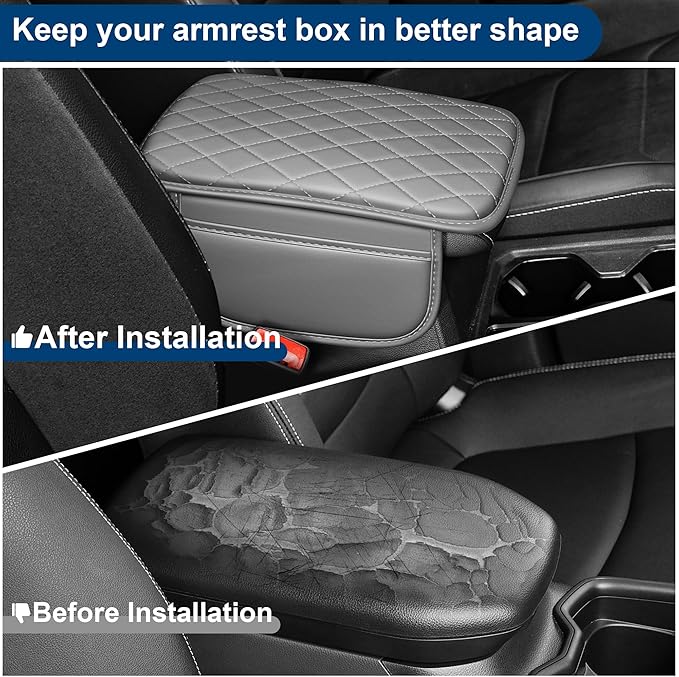 Car Center Console Cover Fit for Volkswagen CC Leather Armrest Cover with 2 Storage Bags Waterproof Console Cover Scratch & Wear Resistant(Grey)