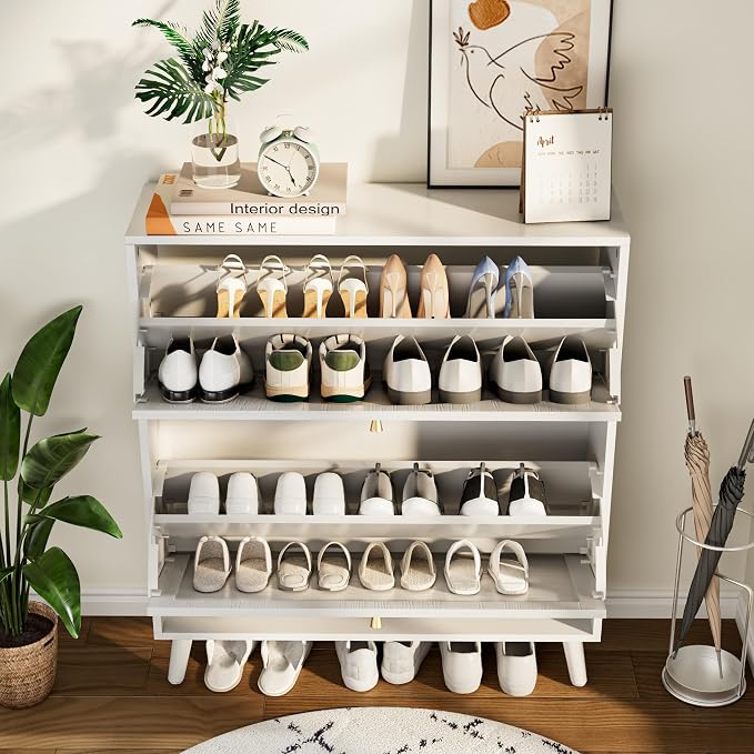 Fsbecl Shoe Storage Cabinet for Entryway with 2 Flip Drawers, Narrow Wood Shoe Cabinet with Fluted Panel, Freestanding Hidden Shoe Organizer for Foyer, Hallway (White - with Shelf)
