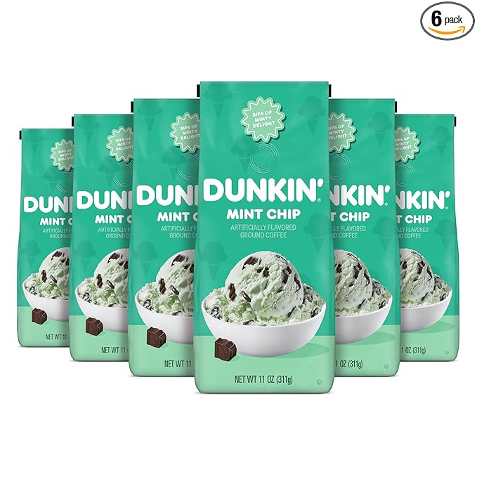 Dunkin’ Mint Chip Artificially Flavored Coffee, Ground Coffee, 11 Oz. Bag (Pack of 6)