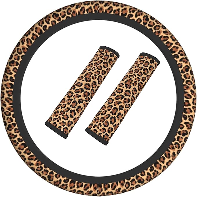 Leopard Print Steering Wheel Cover Elastic Non-Slip Car Steering Wheel Covers with Seat Belt Shoulder Pad for Women Men