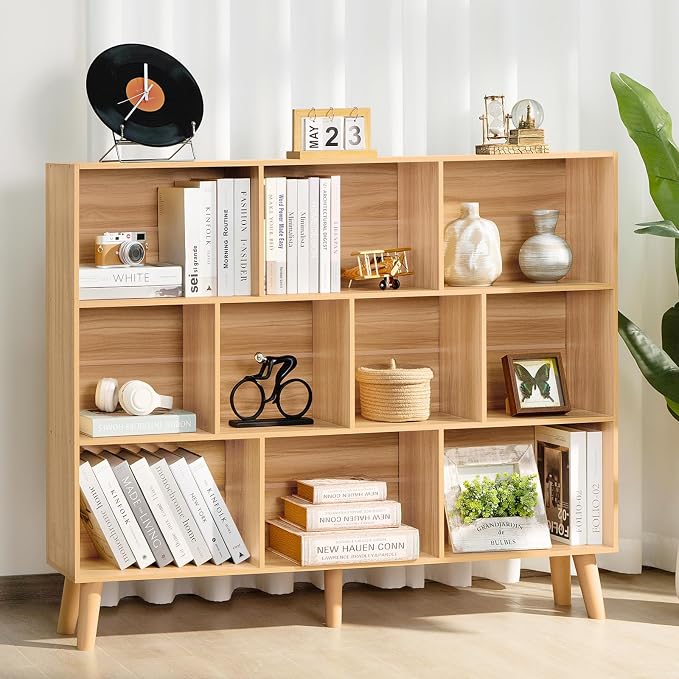 LEYAOYAO 10 Cube Bookshelf,3 Tier 55.12" Wide Boho Bookcase with Legs,Mid-Century Wood Bookshelves Storage,Natural Large Book Case,Freestanding Organizer Display Shelf for Bedroom,Living Room,Office