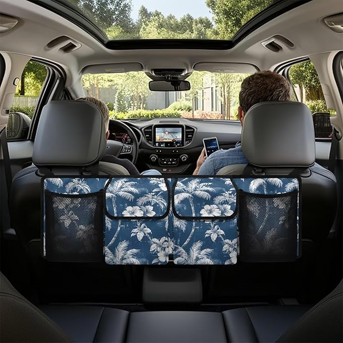 Car Trunk Organizer, Backseat Hanging Organizer with Pockets, Super Capacity -Trunk Storage Bag Decoration for SUV,Truck,Van,Blue White Palm Tree Floral Tropical