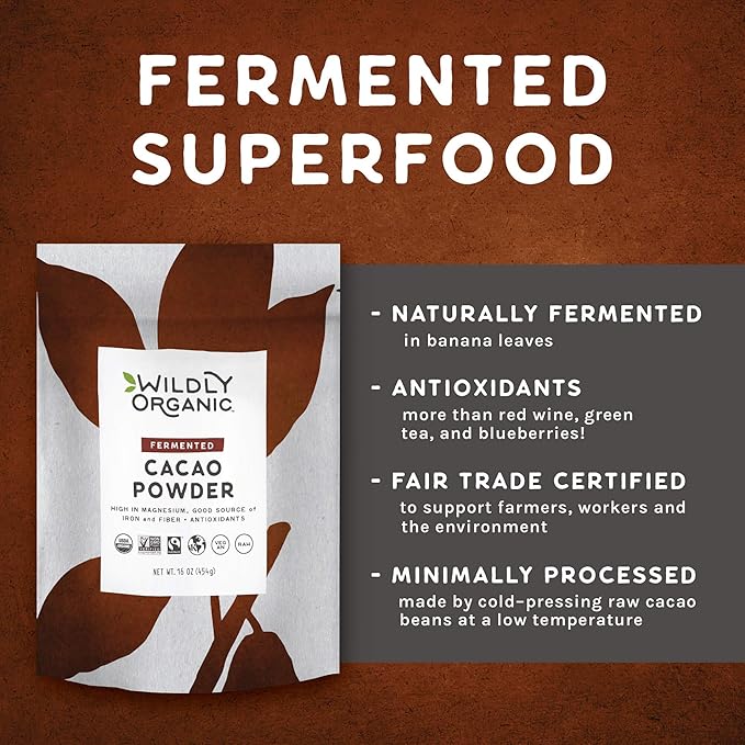 Wildly Organic Fermented Cacao Powder 2-Pack 16 Oz, 1 lb Bags - Organic, Non-Alkalized, High in Antioxidants, Raw, Unprocessed, Fair Trade, Non-GMO, Kosher, Vegan, Premium Rich Chocolate Flavor - Perfect for Skin, Smoothies, Yogurt, Oatmeal, Chocolate,...