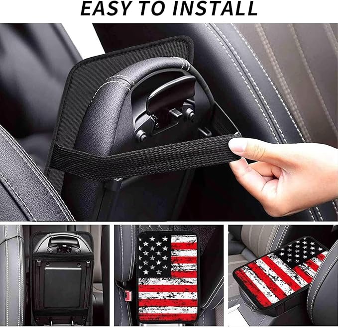 Red American Flag Center Console Cover for Most Cars Sedans Vans Truck Vehicles, SUVs Black Stars Vintage Middle Console Lid Pad Comfortable Armrest Protector Car Accessories