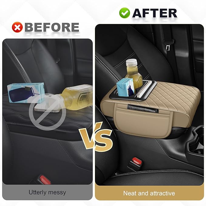Center Console Cover for RDX: Armrest Cover for Car with 2 Storage Bags - Waterproof Leather Center Console Cover with Cup Holder for Car,Anti-Scratch Auto Armrest Pad Accessory （Beige