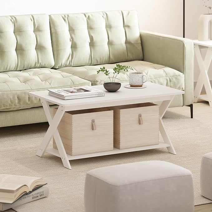 Furinno Modern Simplistic Coffee Table, 2-Tier Rectangle Modern Coffee Table with Open Shelf and X-Legs, Criss-Crossed Side Table, for Living Room, Bedroom, Home Office, White