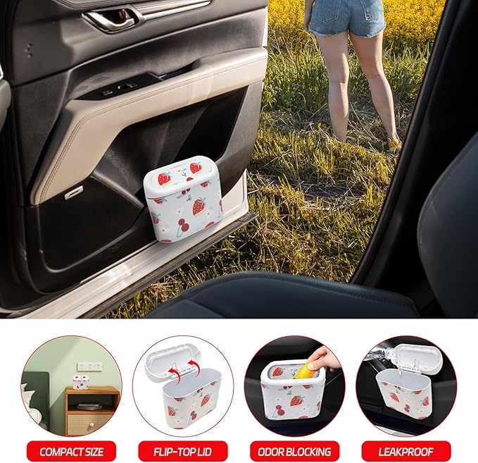 Mini Car Trash Bin with Lid – Automotive Garbage Can with 5 Trash Bags, Waterproof & Leakproof Vehicle Interior Waste Box for Car, Office, Home (White)