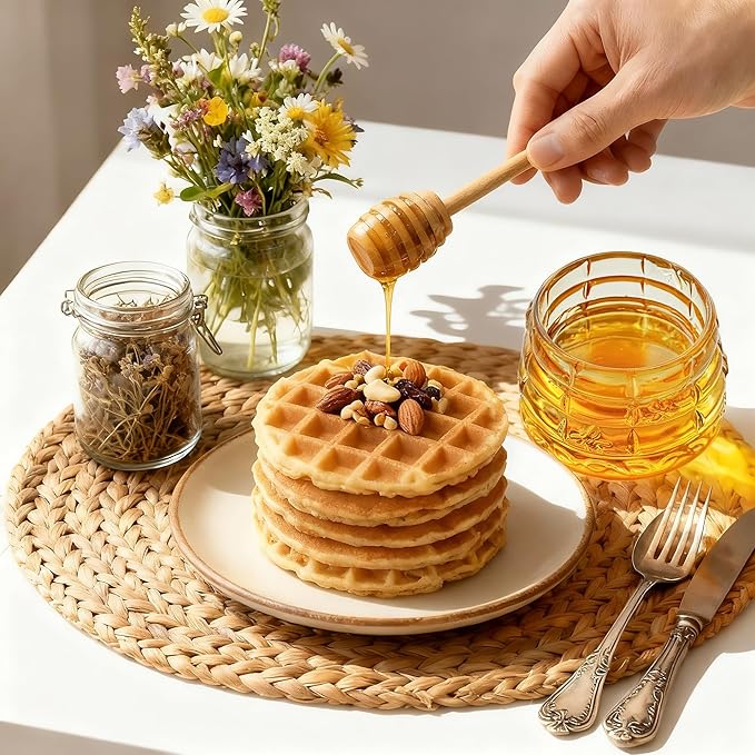 kanpura Honey Jar Pot Glass Holder Dispenser Set with Wooden Dipper Stick and Lid for Home Kitchen, Modern Syrup Glass Container for Storage Gift (Champagne,3.7 Oz)