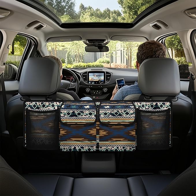 CLOHOMIN Aztec Ethnic Horse Backseat Car Organizer Hanging Cargo Storage Organizer with 4 Pockets Blue Car Seatback Organizer for Most Vehicle Car Interior Accessories