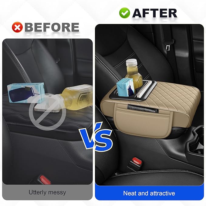 Center Console Cover Leather Armrest Cover Fit for Nissan Rogue 2008-2020 Middle Console Cushion with Storage Box&Cup Holder & Phone Slot(Beige)