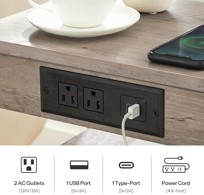 HOOBRO Side Tables Set of 2 with Charging Station and USB Port, Small End Tables for Small Space, 3-Tier Nightstands with Adjustable Shelf, for Living Room, Bedroom, Greige BG112BZP201