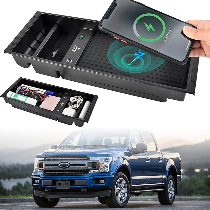 Wireless Charger for F150 2009-2023, Center Console Organizer Box Fast Wireless Chargering with USB-A USB-C Port for Ford F150 2009-2021 2022 2023 Accessories