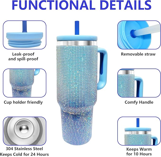 40-OZ Insulated Water Bottle,Insulated Stainless Steel Tumbler,Reusable Cold Drink Thermos,BPA-Free, Double-Wall Stainless Steel Water Bottle (Royal Blue - Diamond, 40, Fluid Ounces)