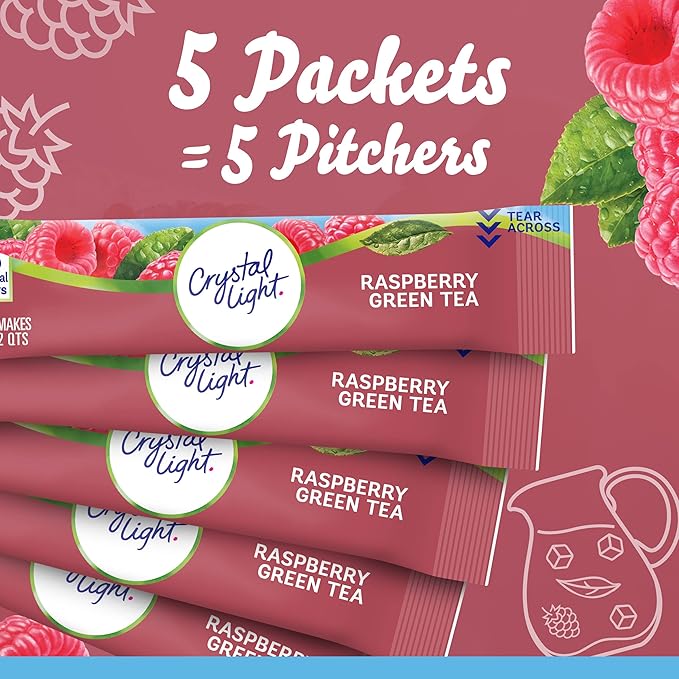 Crystal Light Sugar-Free Raspberry Green Tea Naturally Flavored Powdered Drink Mix One Cannister containing 5 Pitcher Packets