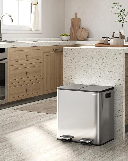 GarveeHome 2 x 4 gal Stainless Steel Double Trash Can with Lid for Kitchen, Large Dual Trash and Recycle Bin Combo, Step-on Kitchen Metal Garbage Cans, PP Inner Buckets, Liner Rim, Silver