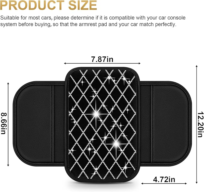 Center Console Cover Fit for MDX: Upgraded Bling Diamond Car Armrest Cover - Crystal Rhinestone Car Center Console Cover with 2 Storage Bags,Anti-Scratch Auto Armrest Pad Accessory （Black