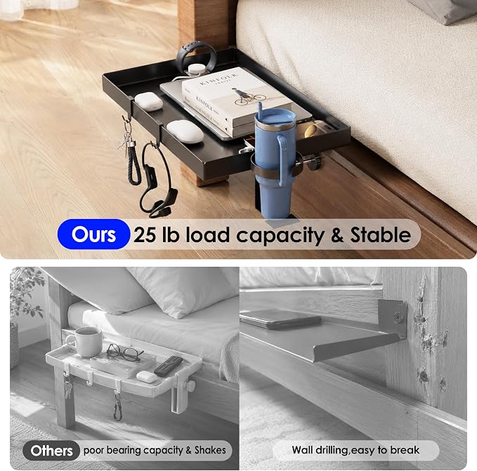 INNOPLUS Foldable Bedside Shelf, Heavy Duty Metal Clip-On Bed Tray Table for Top Bunk Beds,Floating Desk Tray for Dorm Room Essentials Loft Nightstand Organizer with Cup Holder & Cord Holes