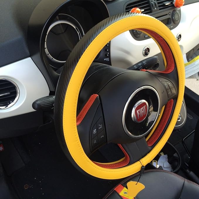 Jdragon Yellow & Carbon Fiber Style PVC Leather Slip-On Steering Wheel Cover 14.25-15" Diameter
