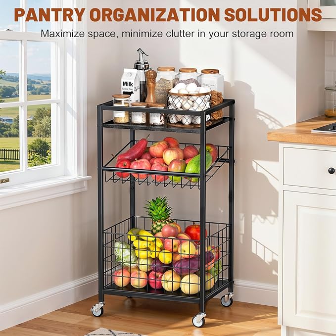 Fruit Vegetable Cart, 3-Tier Snack Kitchen Cart on Wheels & Wood Top, Utility Shelf Rack Organizer for Fruit, Vegetables, Potato, Snack, Black