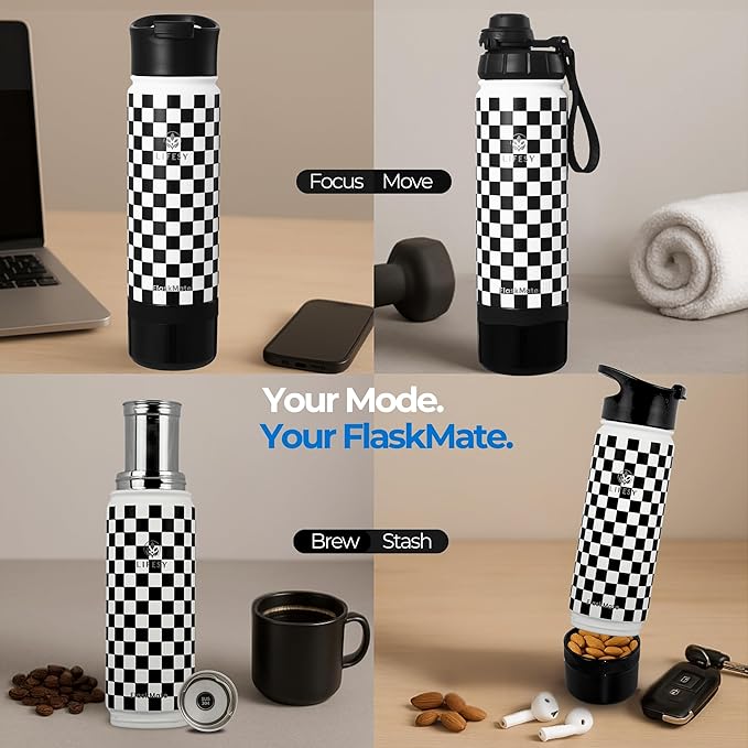 Cold Brew & Tea Infuser Bottle – 18oz Travel Water Bottle with Storage, Dual Lids & Coffee Filter – Fruit Water & Coffee Maker – FLASKMATE All-in-One System (Classic Chess)