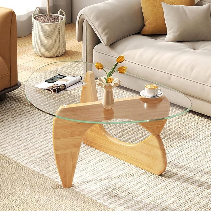 Mid Century Modern Glass Coffee Table, Coffee Table for Living Room, Noguchi Coffee Tables,Suitable for Bedroom Living Room Reception Office Tables (Wood/Transparent, ML)