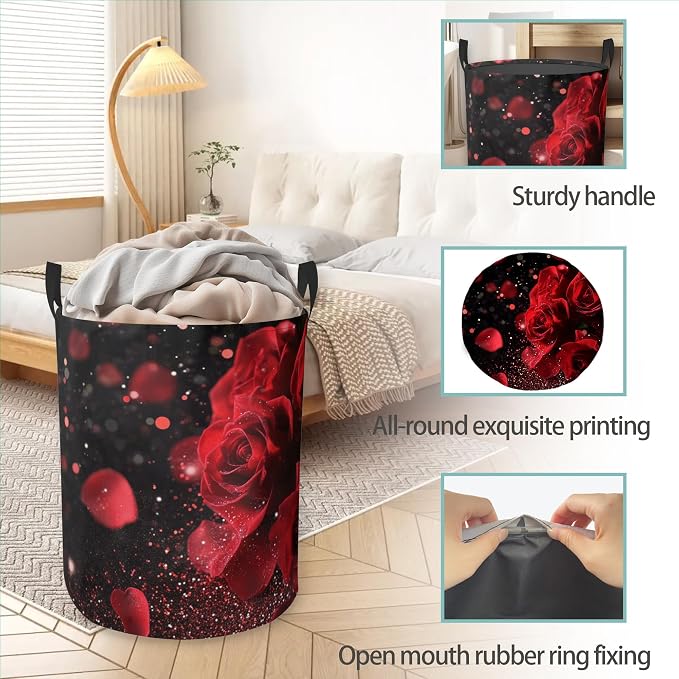 Rose Flower Love Round Laundry Hamper Storage Basket Toys Clothes Organizer Bin For Home Bathroom Bedroom Dorm Nursery