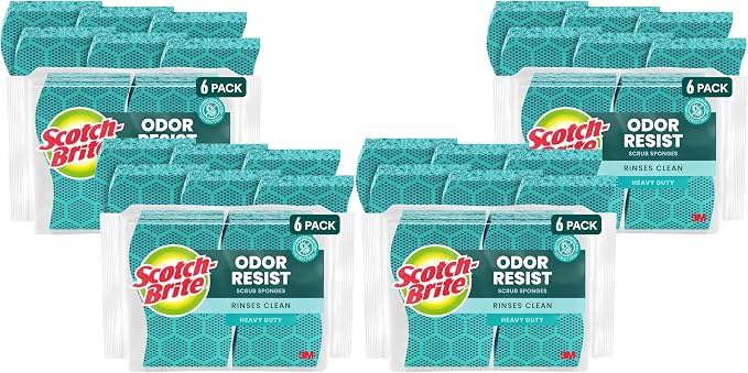Scotch-Brite Odor Resist Heavy Duty Scrub Sponge,Dishwasher-Safe Kitchen sponges for Serious Scrubbing,Multipurpose Dish Sponge for Stuck-On Messes,6 Scrubbing Sponges,(Pack of 4)