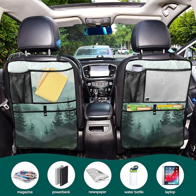 2 Pack Back Seat Car Organizer with Storage Pockets Kick Mats Back Seat Protector Hanging Car Organizer Automotive Seat Back Cover Organizers Green Mountains and Pine Trees