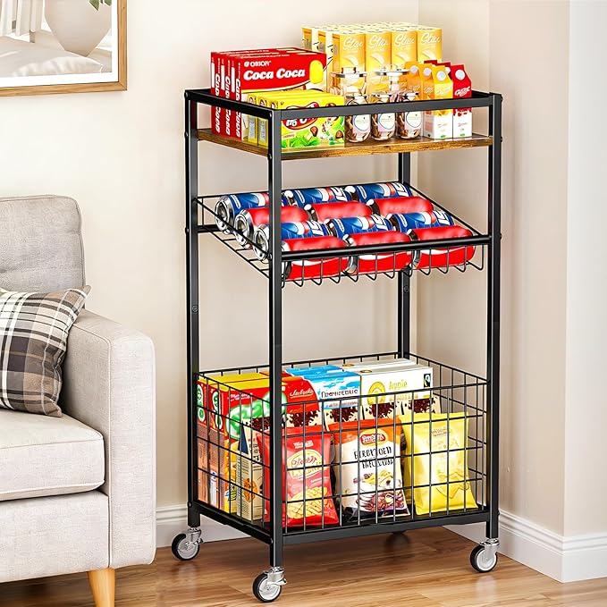Fruit Vegetable Cart, 3-Tier Snack Kitchen Cart on Wheels & Wood Top, Utility Shelf Rack Organizer for Fruit, Vegetables, Potato, Snack, Brown