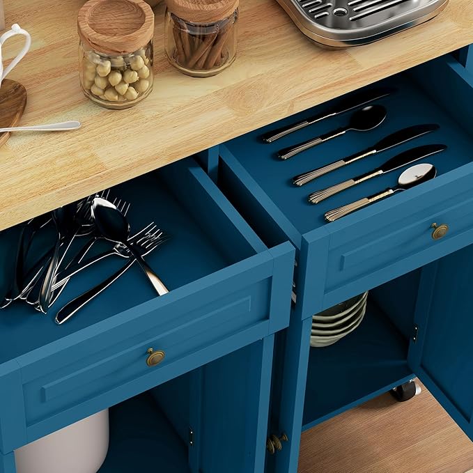HOMCOM Kitchen Island Cart with Rubber Wood Top, Rolling Kitchen Island Table on Wheels with Drawers, Adjustable Shelves, Spice Rack and Towel Rack for Dining Room, Turquoise