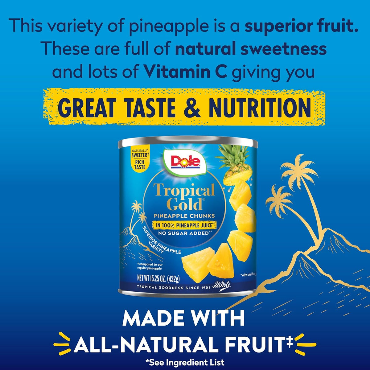 Dole Canned Fruit, Tropical Gold Pineapple Chunks in 100% Pineapple Juice, Gluten Free, Pantry Staples, No Sugar Added, 15.25 Oz, 12 Count