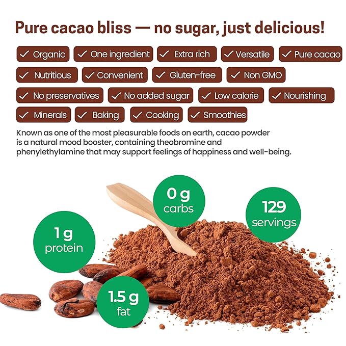 Z Natural Foods Organic Cacao Powder, Nutrition-Packed, Extra-Rich Dark Chocolate Flavor, Perfect for Chocolate Recipes, Shakes, or Smoothies, Non-GMO, Vegan, Gluten-Free, Kosher, 2 lbs