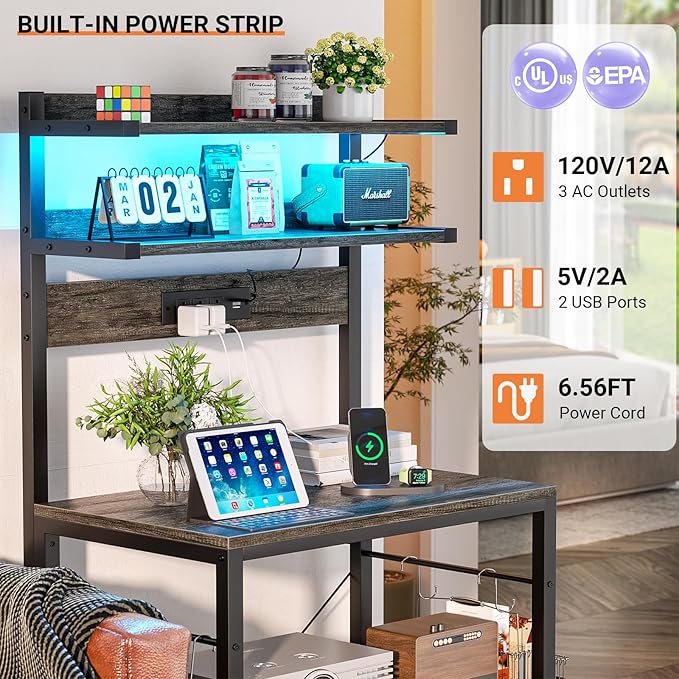 Aheaplus Bakers Rack with Power Outlet, Microwave Stand, 5 Tiers Coffee Bar Station with Led Lights, Kitchen Storage Shelf with 6 S-shaped Hooks, Kitchen Rack for Spices, Pots and Pans, Black Oak