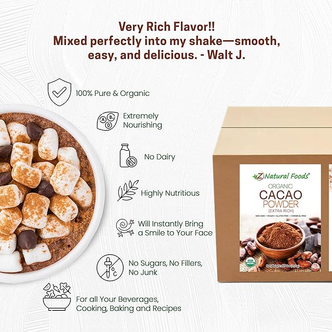 Premium Organic Cacao Powder - 55 lbs - Extra Rich - The Essence of Dark Chocolate - Product of Switzerland - 100% Pure Cold-Pressed, Vegan, Non GMO, Gluten Free, Kosher