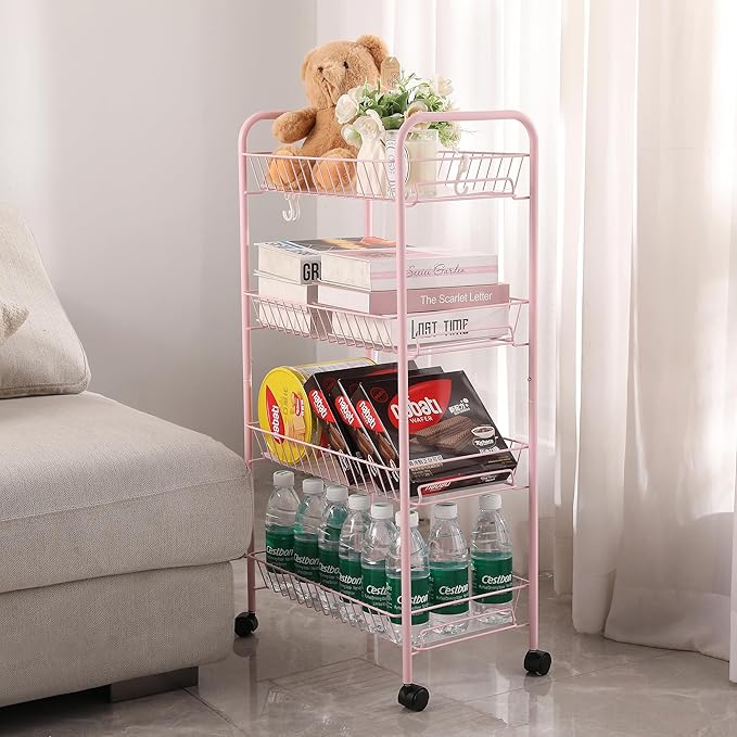 PLKOW 4-Tier Metal Rolling Utility Cart, Multi-Functional Storage Cart for Office, Living Room, Kitchen, Bathroom, Lightweight Organizer Cart with Wheels, Pink