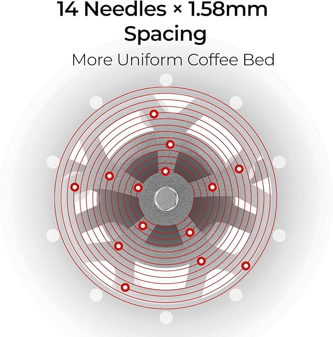 IKAPE 58MM WDT Tool for Espresso, 0.25mm 14 Needles Distribution Tool with One-Press Auto Rotation & Adjustable Depth, 10 Magnetic Base, Espresso Stirrer
