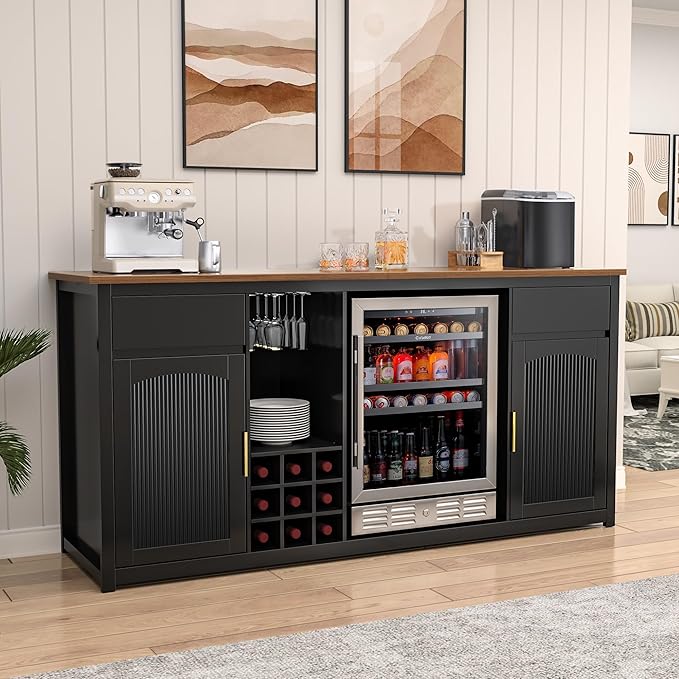 GDLF Extra Long Bar Cabinet with Fridge Space, Modern Wine Liquor Cabinet with Storage and Power Outlet, Buffet Sideboard with Fluted Doors for Home, 78.7 Inch, Black