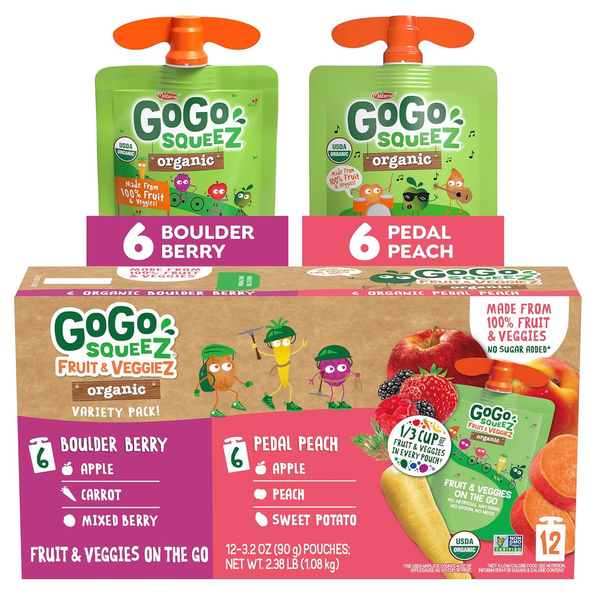 GoGo squeeZ No Sugar Added Organic Fruit & veggieZ Applesauce and Puree Variety Pack, Pedal Peach and Boulder Berry, 3.2 oz Pouches (Pack of 12), Fruit Snacks for Kids, Gluten Free, Nut Free, Recloseable Cap, BPA Free