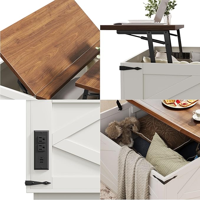Farmhouse Lift Top Coffee Table, Square Wood Center Table with LED Lighting, USB-C Charging Station, and Hidden Storage Compartment - Rustic White & Oak Living Room Furniture