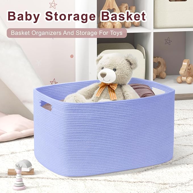 60L Small Baby Girls Laundry Basket for Nursery Storage,Cute Woven cotton Rope Baskets for Kids Toy，Gifts, Boho Square Wicker Blanket hamper for Living Room,Bedroom Dirty Clothes,Blue Purple