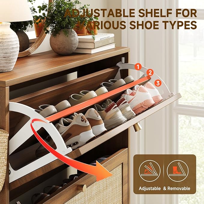 Nicetree Shoe Cabinet Storage for Entryway, 2-Flip Drawer Narrow Shoe Rack, Organic Modern Rattan Shoe Organizer with Gold Legs, Shoe Organizer Fits Men's Size 13.5, Toasted Caramel Walnut