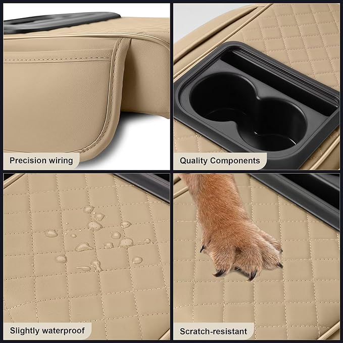 Center Console Cover Fit for Tacoma Faux Leather Car Armrest Cushion with Storage Bags, Cup Holder ＆ Phone Storage Multifunctional Middle Console Cover(Beige)