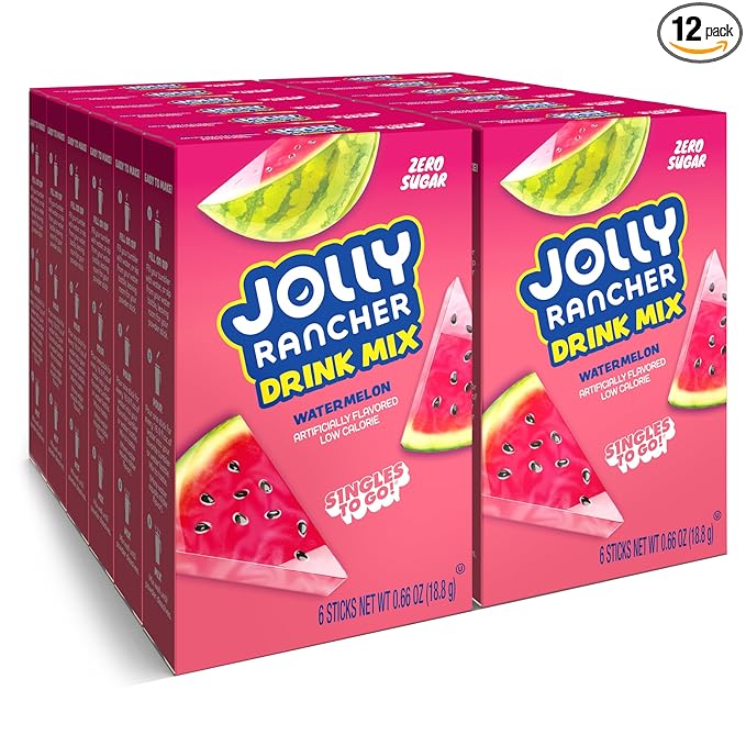 SINGLES TO GO! Jolly Rancher Rancher Water Drink Mix, Watermelon, 12 Boxes With 6 Packets Each, 72 Total Servings